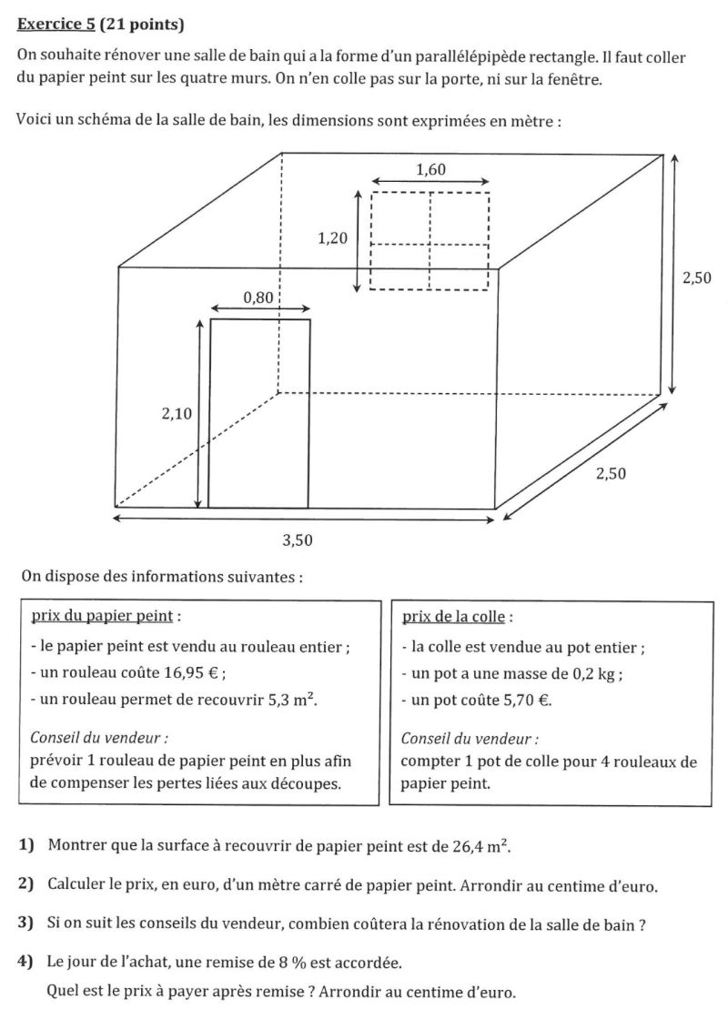 Calculer une surface de rénovation dans un parallélépipède rectangle - Exercice de Brevet
