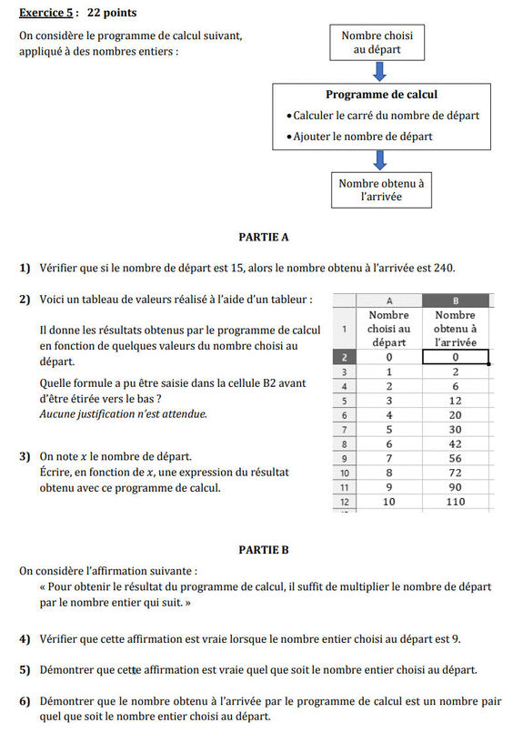 Exercice brevet : Utiliser un Programme de Calcul avec des Nombres Entiers Exercice brevet : Utiliser un Programme de Calcul avec des Nombres Entiers