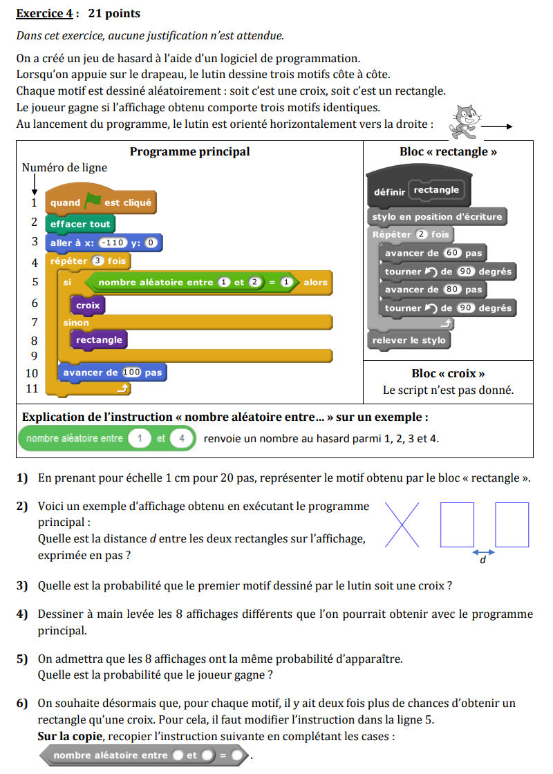 Scratch: Utiliser un programme de dessin de motif aléatoire - Exercice de Brevet