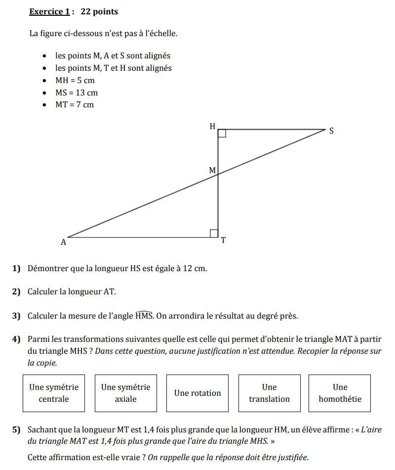 Calculer les longueurs, angles et aires de 2 triangles - Exercice de Brevet