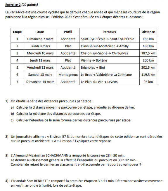 Exercice brevet : Extraire des Données Statistiques d’une Course Cycliste Exercice brevet : Extraire des Données Statistiques d’une Course Cycliste