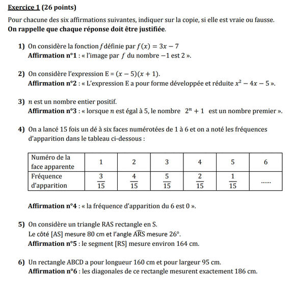 Exercice 1 du Brevet Amérique du Nord 3 juin 2021
