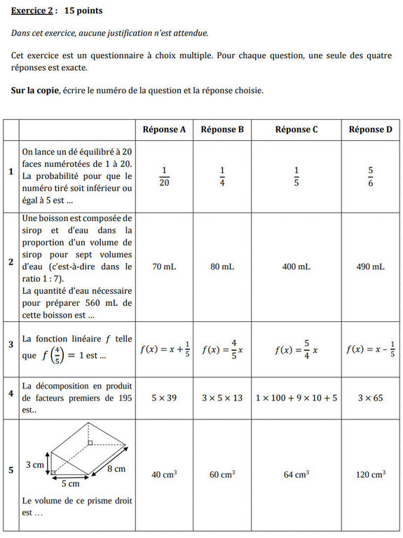 Exercice 2 du Brevet Amérique du Nord 3 juin 2022