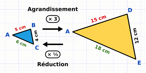 Petit triangle ABC et grand triangle ADE reliés par une flèche agrandissement × 3 et une flèche réduction × 1/3.
