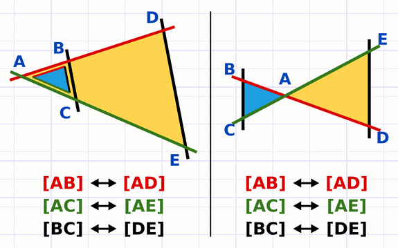 Les trois paires de côtés homologues des triangles de Thalès emboîtés et papillon.
