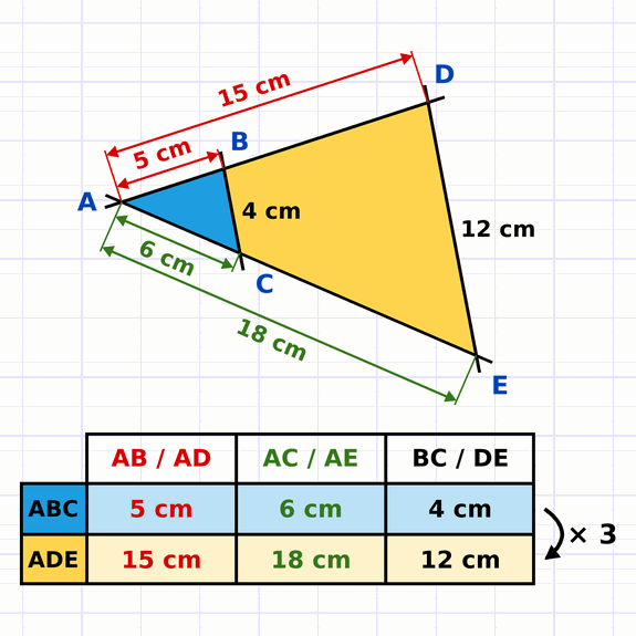 Triangles de Thalès emboîtés ABC et ADE et tableau de proportionnalité de leurs côtés homologues : 5 cm, 6 cm et 4 cm multipliés par 3 donnent 15 cm, 18 cm et 12 cm.