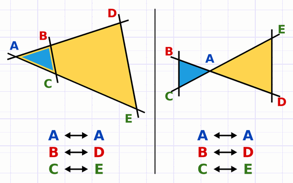 Sommets homologues des triangles de Thalès : A et A, B et D, C et E.