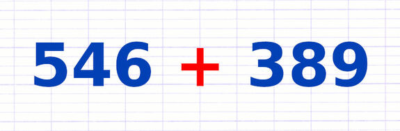 Addition des nombres 546 et 389 sur laquelle appliquer la technique de la décomposition.