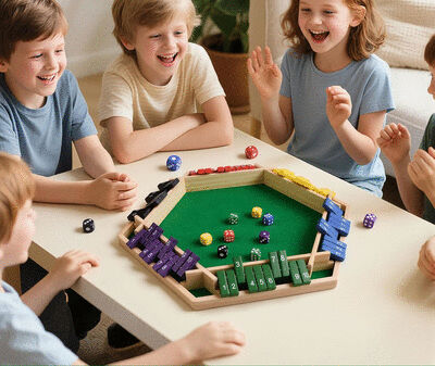 Jeu éducatif Shut the box autour duquel se trouvent des enfants.